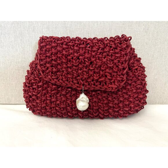 Grazia Marica Vozza Red Handwoven Clutch With Pearl Accent - Picture 1 of 5
